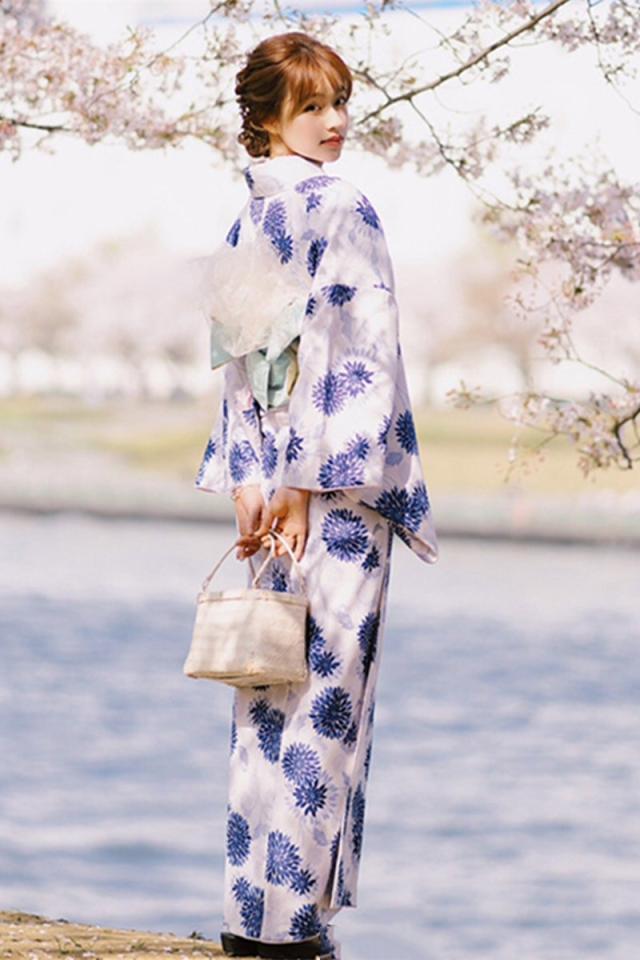 utatane 綿麻 ゆかた フリーサイズ 水色の朝顔、下駄付き 浴衣3点